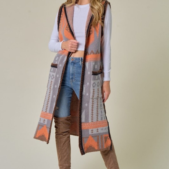On Blue Jackets & Blazers - Women's Patterned Long Vest in Orange and Gray